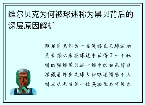 维尔贝克为何被球迷称为黑贝背后的深层原因解析