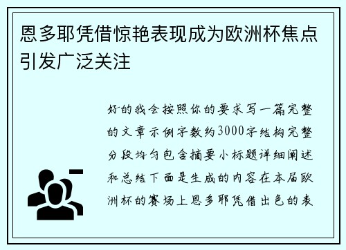 恩多耶凭借惊艳表现成为欧洲杯焦点引发广泛关注 恩多耶凭借惊艳表现成为欧洲杯焦点引发广泛关注